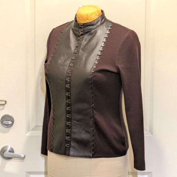 EUC 80s Tan Jay XL Leather and Knit Hook & Eye Front Stand Collar Sweater - Picture 8 of 8